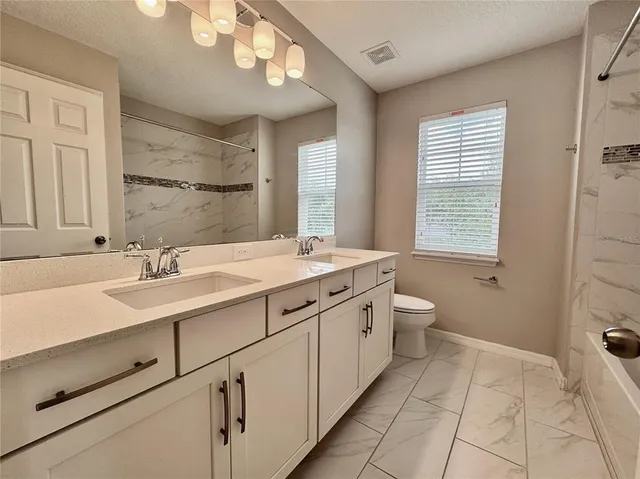 a bathroom with a double vanity sink mirror and toilet