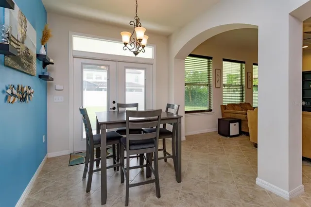 a view of a dining room with furniture window and outside view