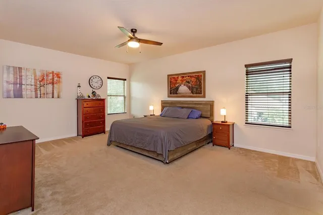 a bedroom with a large bed and a chandelier
