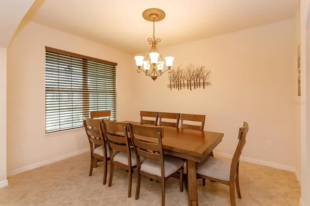 a view of a dining room with furniture and window