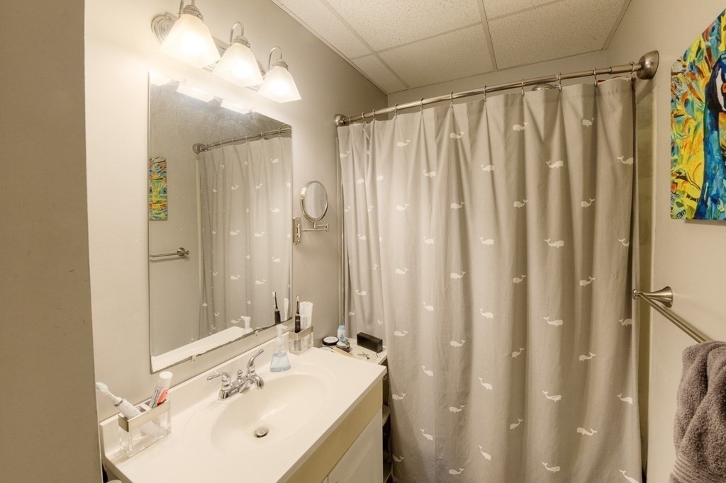 407-9 Sumner Avenue Springfield, MA 01108 - Photo 12 of 40 a bathroom with a sink a mirror and a shower curtain