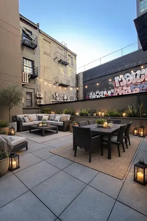 a outdoor space with lots of table and chairs