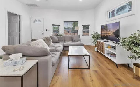 a living room with furniture and a wooden floor