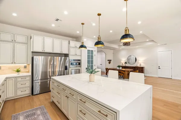 a living room with furniture and a potted plant