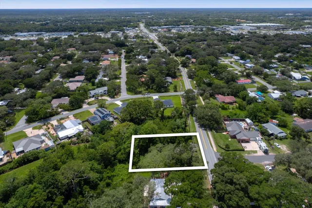 an aerial view of residential houses with outdoor space and trees