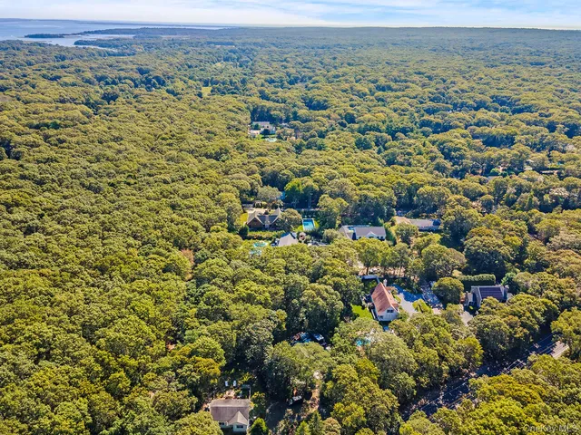 an aerial view of a houses with a yard