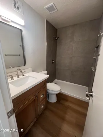 a bathroom with a sink a toilet a mirror and shower