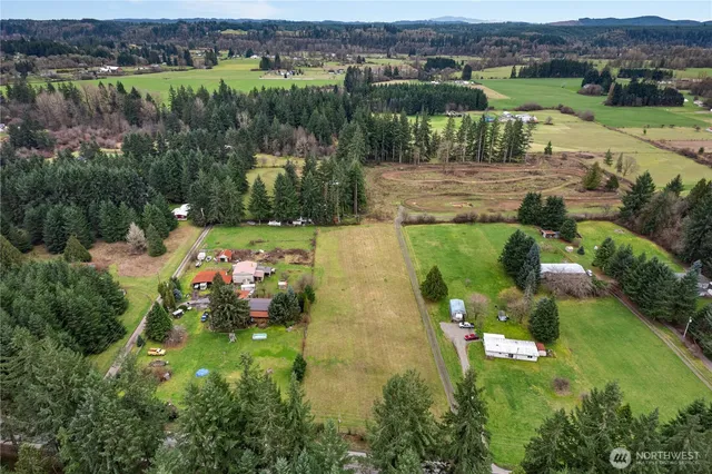 an aerial view of green landscape with trees houses and lake view