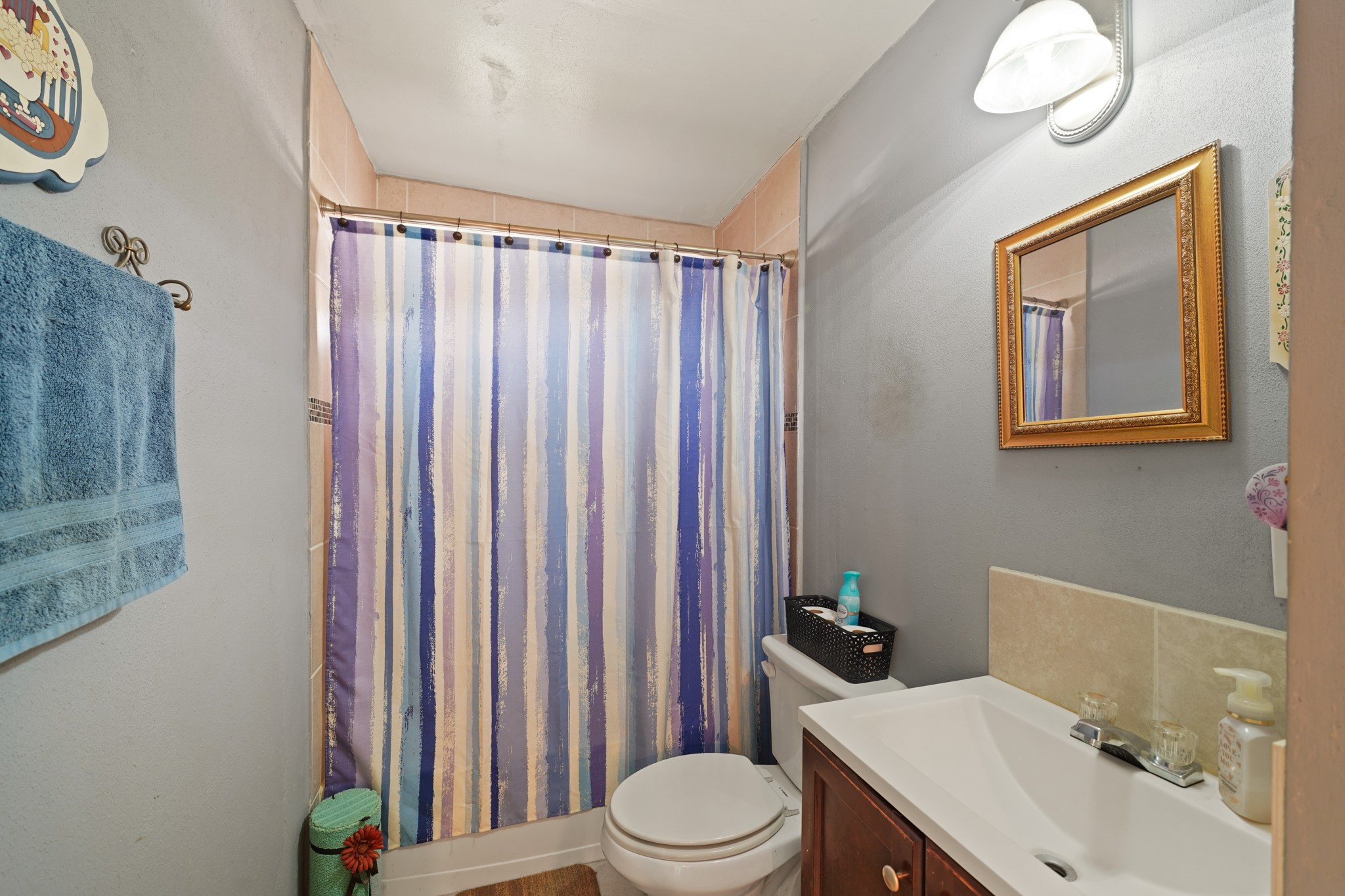 5307 Crane Street Houston, TX 77026 - Photo 34 of 41 a bathroom with a sink a toilet and shower curtain