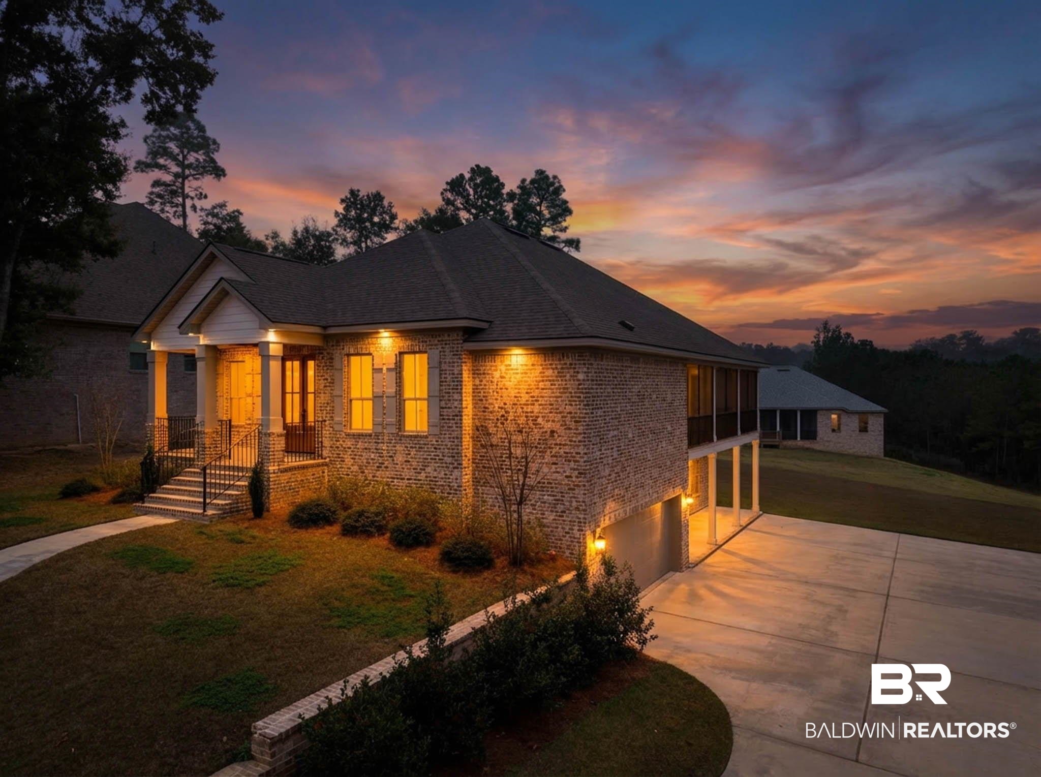 6656 Garrison Drive Daphne, AL 36527 - Photo 4 of 57 View of front of house featuring driveway, a lawn, brick siding, a garage, and a shingled roof