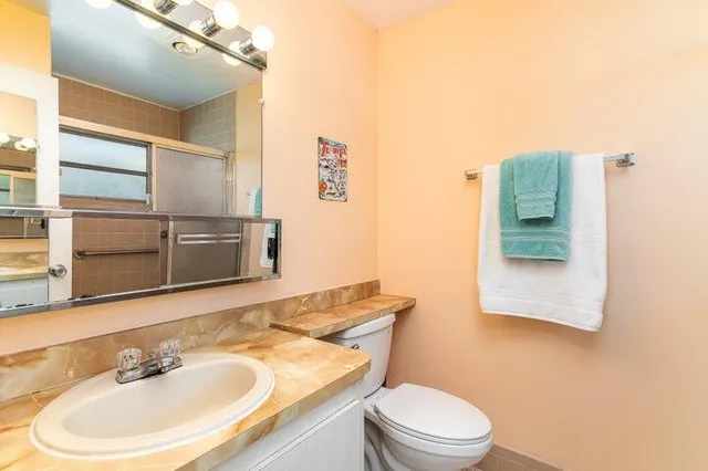 a bathroom with a sink a toilet and mirror