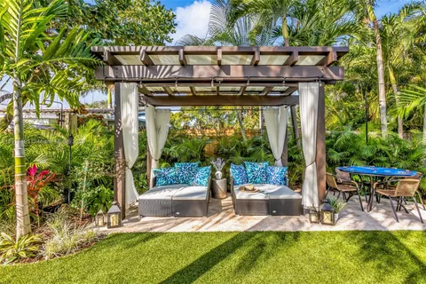 a view of a swimming pool with a yard