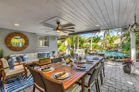 a view of a dining room with furniture window and outside view