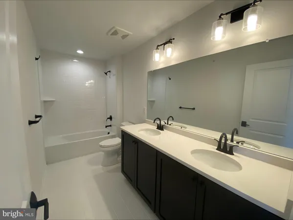 a bathroom with a double vanity sink a toilet and shower