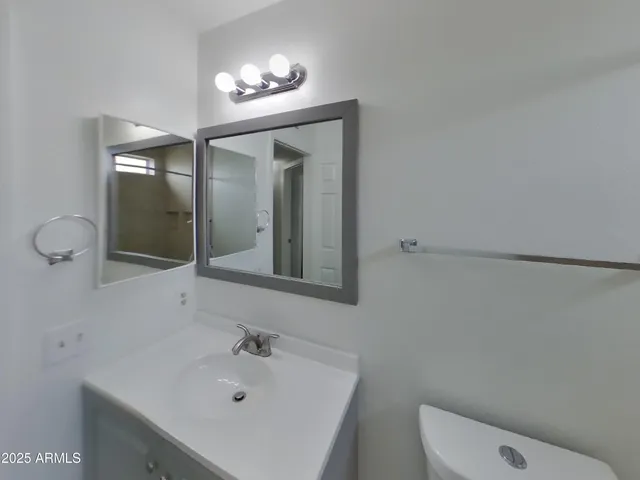 a bathroom with a sink a toilet and mirror