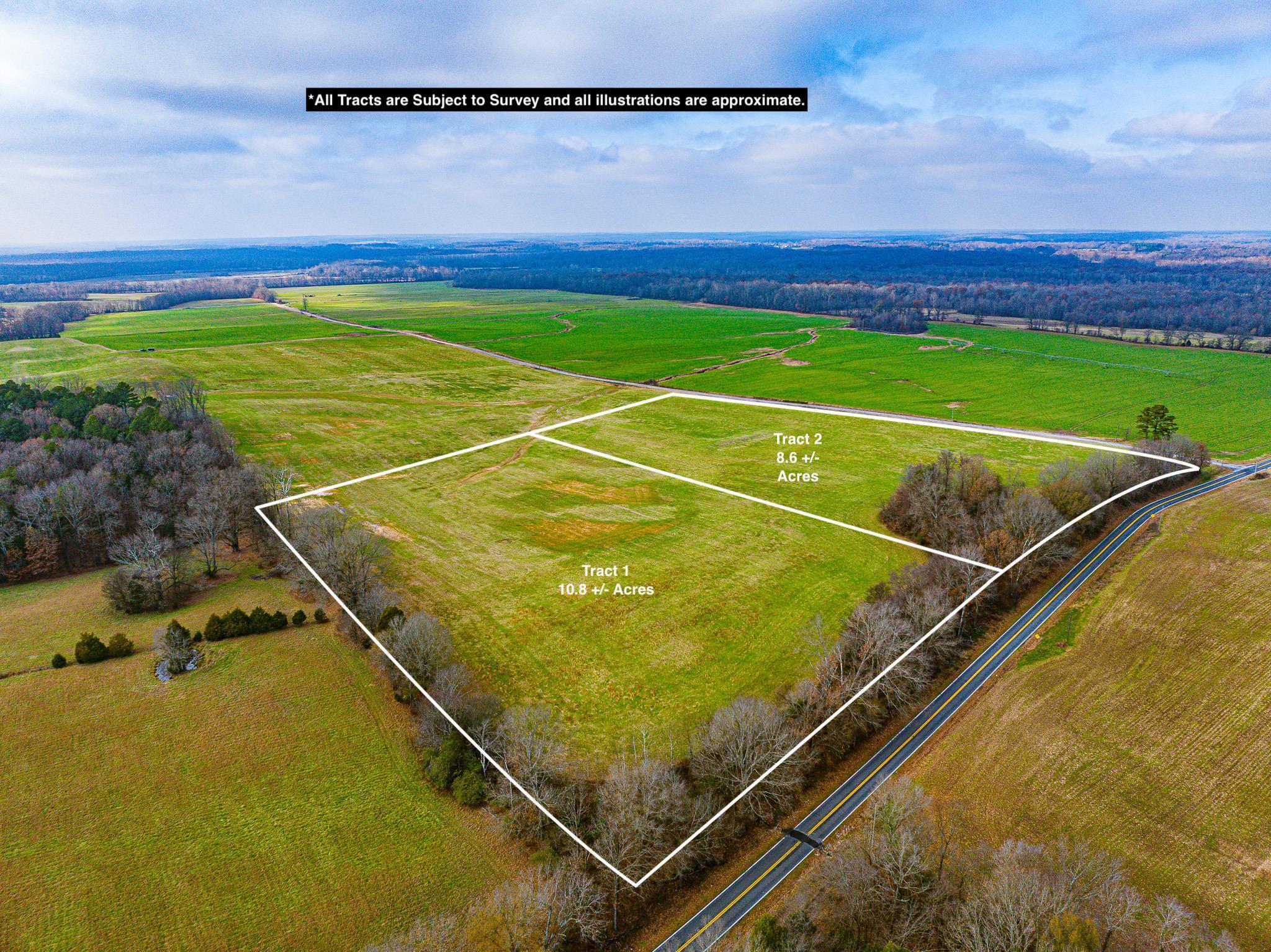 Aerial view of sparsely populated area with property boundaries highlighted