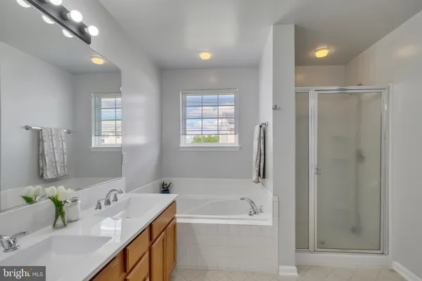 a bathroom with a tub sink and mirror