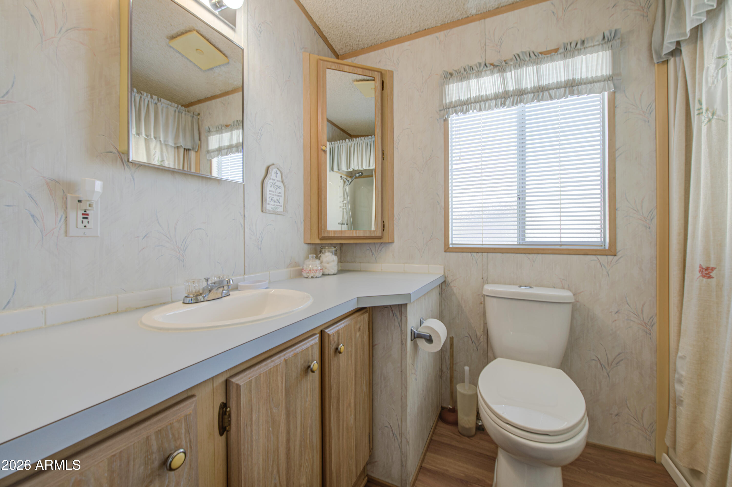 7750 East Broadway Road, Unit 273 Mesa, AZ 85208 - Photo 12 of 36 a bathroom with a granite countertop toilet a sink and a mirror
