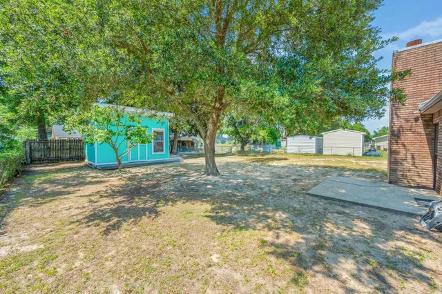 a view of a yard with plants and trees