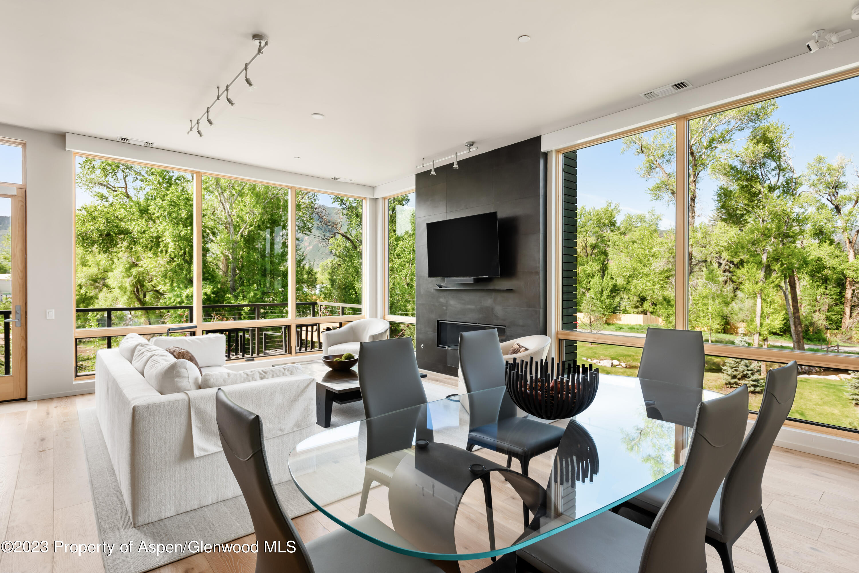 103 Willits Lane, Unit 203 Basalt, CO 81621 - Photo 6 of 17 a view of a dining room with furniture large windows and a flat screen tv