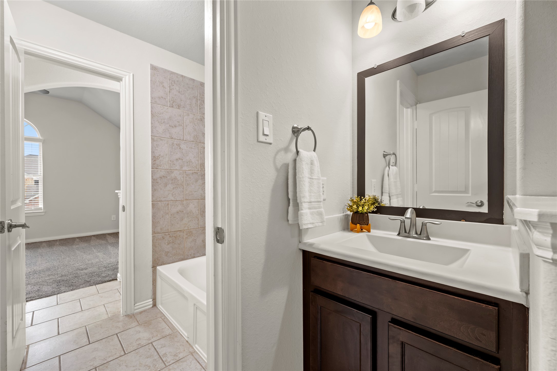 5205 Rainy Garden Court Rosharon, TX 77583 - Photo 31 of 43 a bathroom with a sink a vanity and a mirror