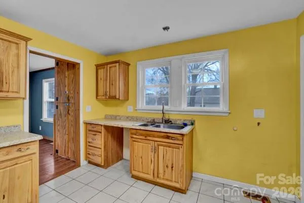 a kitchen with a sink and cabinets