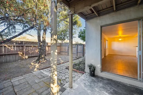 a view of a porch with a tree