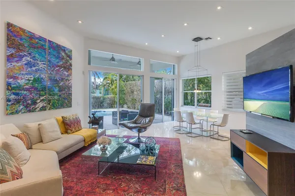 a living room with furniture and a floor to ceiling window