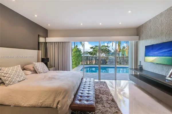 a bedroom with a bed and large window