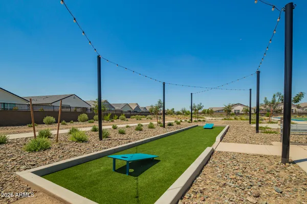 an outdoor space with seating