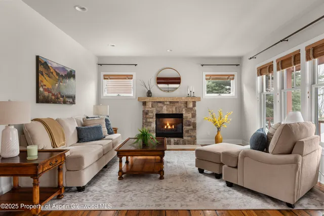a living room with furniture and a fireplace