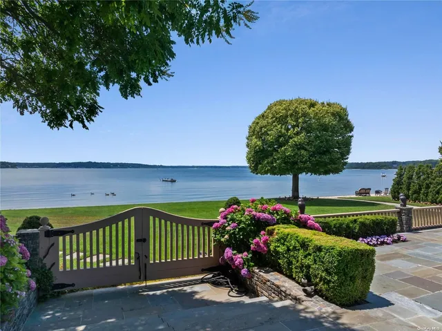 a garden view with a seating space