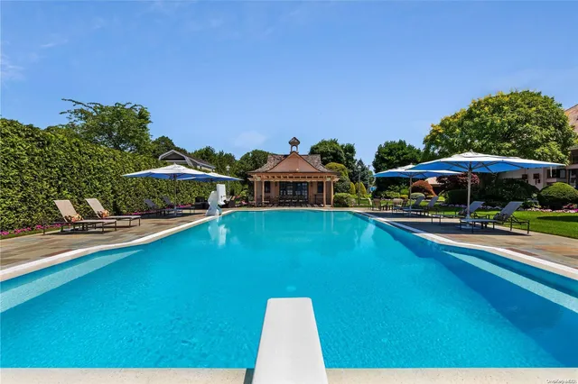 a view of a swimming pool with lawn chairs under an umbrella