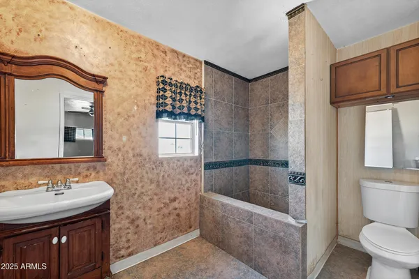 a bathroom with a sink toilet and shower