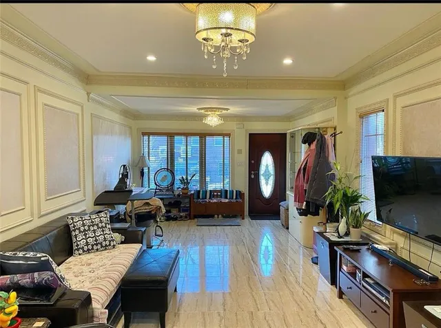 a view of a dining room with furniture