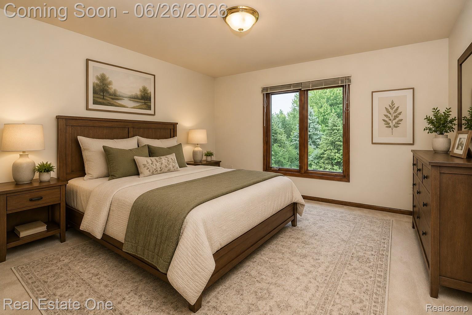 2898 Eagle Drive Rochester, MI 48309 - Photo 30 of 52 Bedroom featuring a large window with wood trim, neutral wall color, and light-toned carpeting
