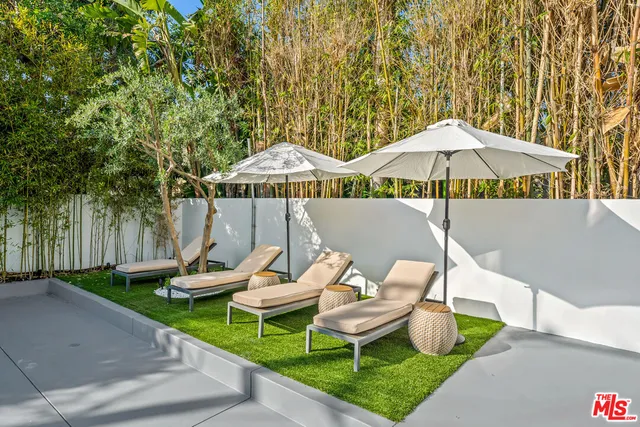a roof deck with couches and potted plants