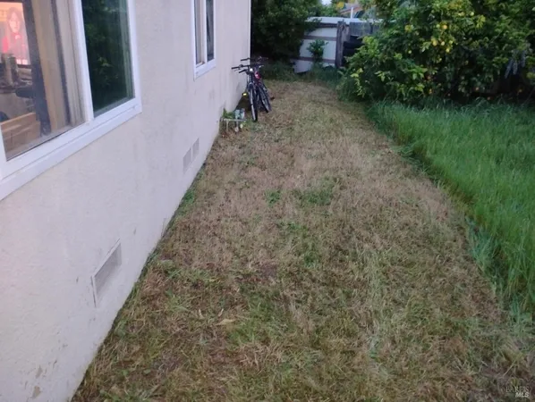 a view of a backyard with pathway