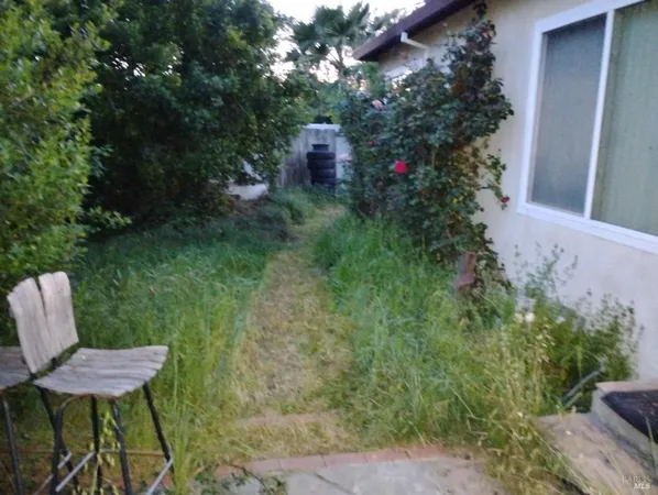 a view of a chairs and table in a backyard