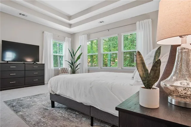 a bedroom with a bed and a television