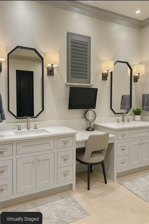 4120 Cochran Chapel Road Dallas, TX 75220 - Photo 17 of 39 a spacious bathroom with a double vanity sink and a mirror