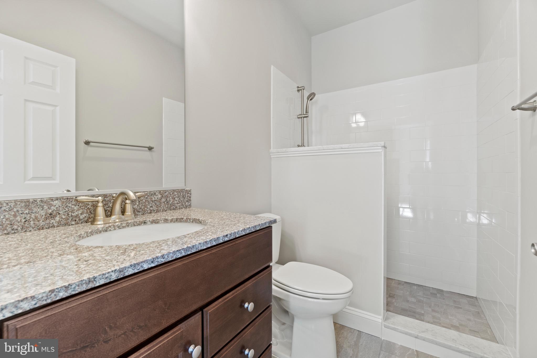 13725 Orlando Road Nokesville, VA 20181 - Photo 55 of 65 a bathroom with a granite countertop sink a toilet and shower