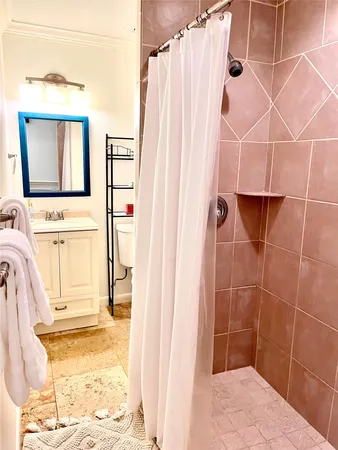 a bathroom with a sink a mirror and shower