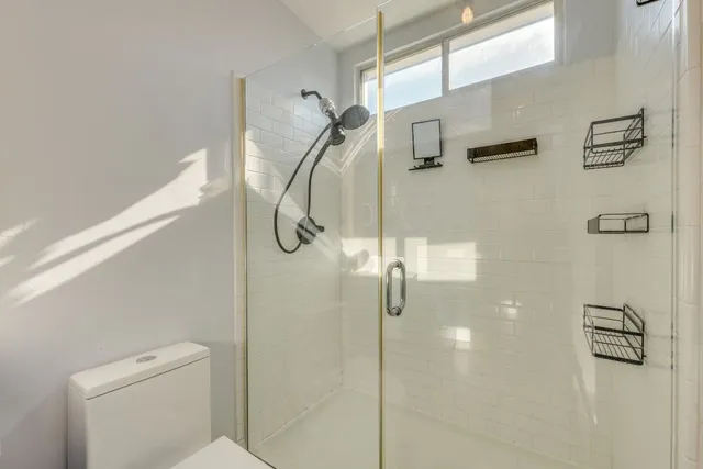 a bathroom with a shower and toilet