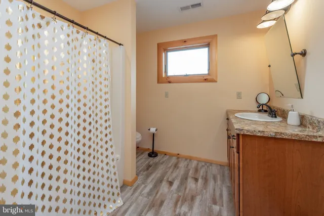 a bathroom with a granite countertop sink toilet and shower