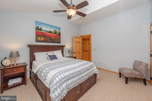 a bedroom with a bed and a chandelier