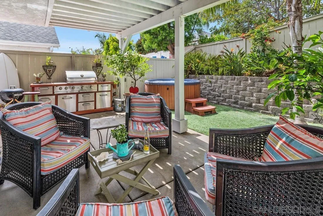828 Bluewater Road Carlsbad, CA 92011 - Photo 33 of 36 a view of a patio with table and chairs potted plants with wooden floor and fence
