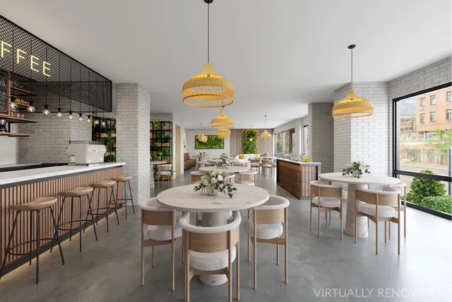a living room with furniture a chandelier and a dining table