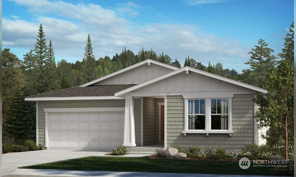 a view of a white house with large windows and a small yard with plants