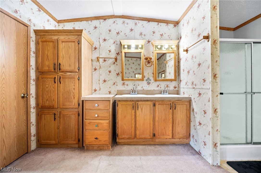 6268 Peck Road Ravenna, OH 44266 - Photo 16 of 25 Bathroom with double sink vanity, mirror, a shower with shower door, vaulted ceiling, and ornamental molding
